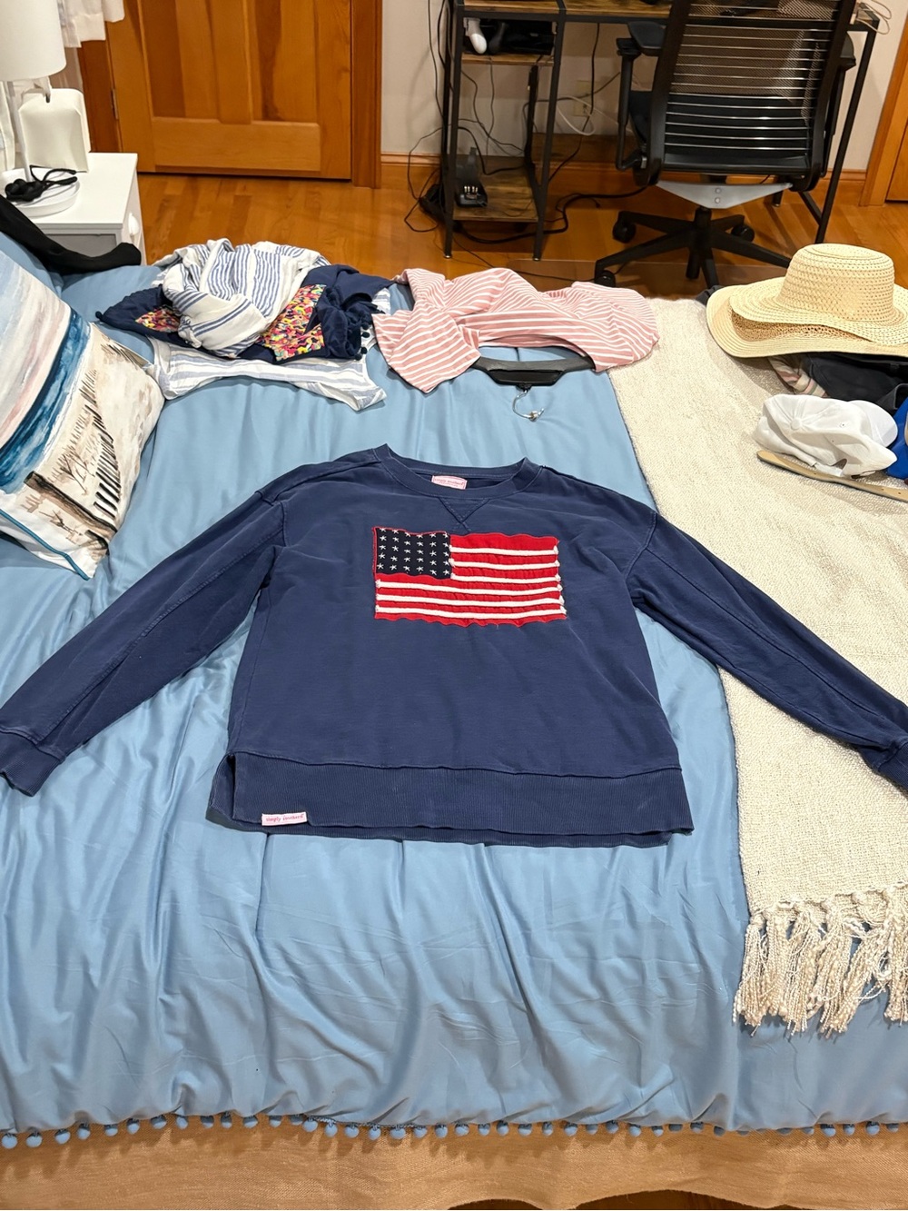 Simply Southern Navy Crewneck with Red & White Flag Patch